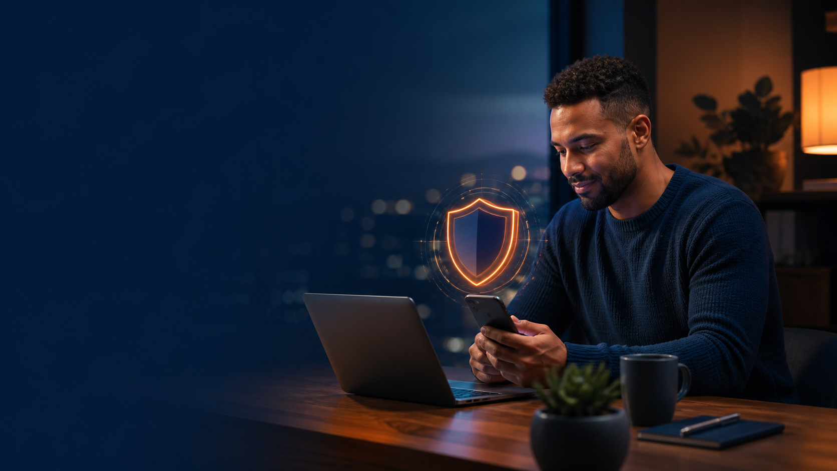 Professional using protected digital devices in a modern home office